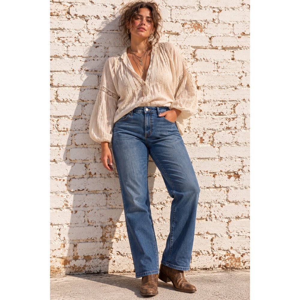 Quince Blue Organic Cotton Bella Stretch Straight Leg Denim Jeans Size 32